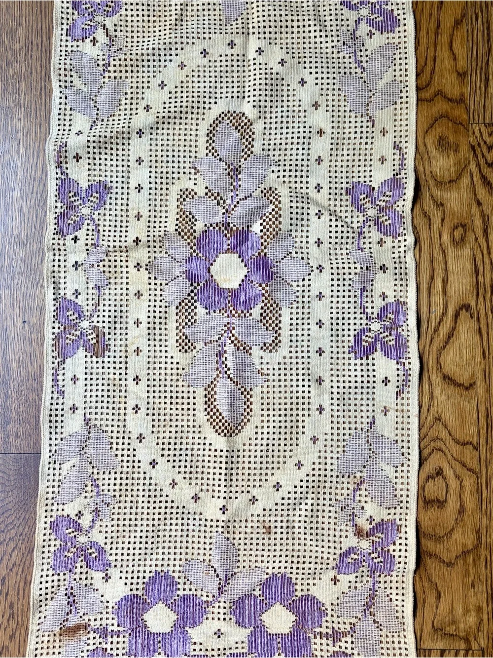 Vintage Handmade Crochet Runner with Lavender Floral Design